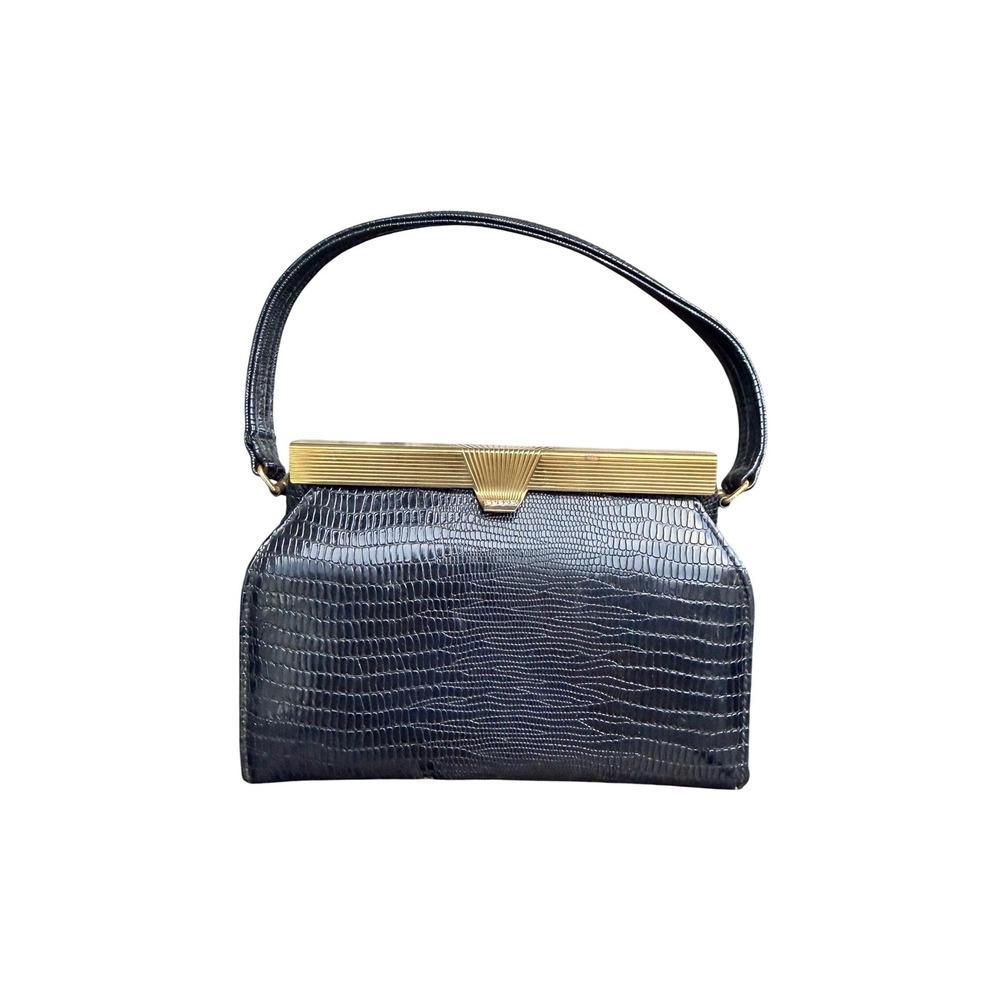 Vintage 50s 60s Meyers Black Reptile Embossed Frame Handbag Purse Made USA